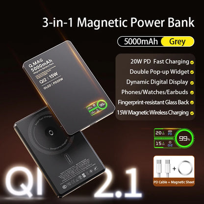 QI 2.1 Magnetic Powerbank Wireless Fast Charing Spare Portable External Battery for iPhone 12-17 Pro Watch Airpods 5000/10000mAh