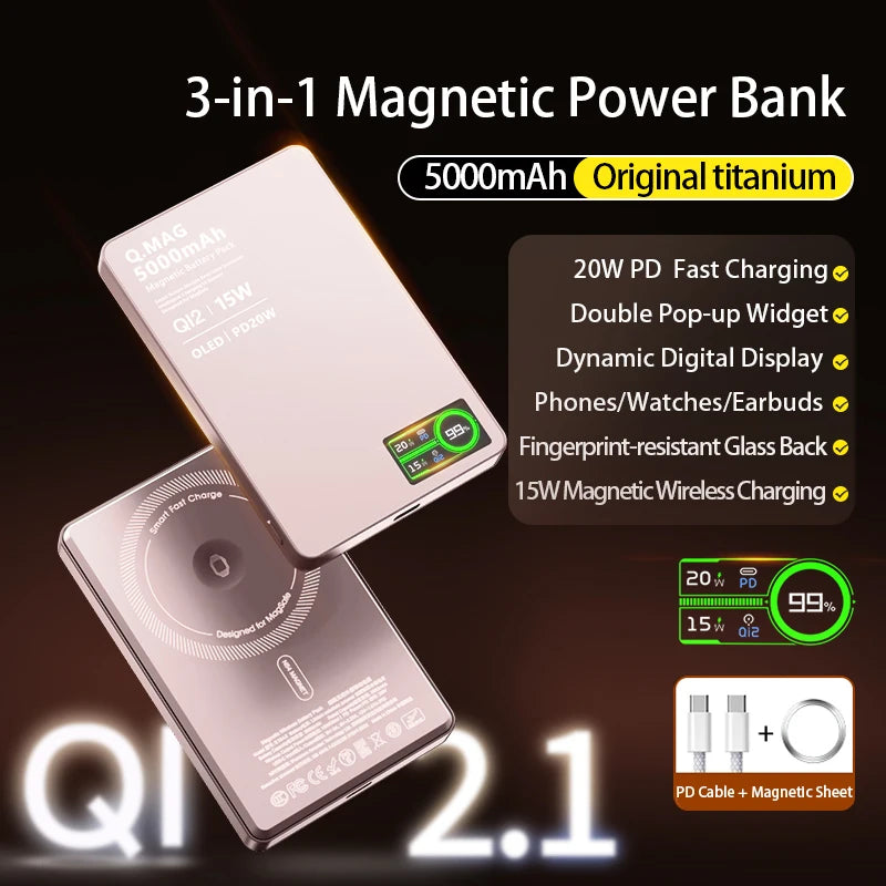QI 2.1 Magnetic Powerbank Wireless Fast Charing Spare Portable External Battery for iPhone 12-17 Pro Watch Airpods 5000/10000mAh
