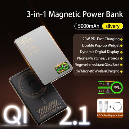 QI 2.1 Magnetic Powerbank Wireless Fast Charing Spare Portable External Battery for iPhone 12-17 Pro Watch Airpods 5000/10000mAh